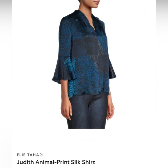 Elie Tahari NWOT “Judith” 100% Silk Animal Print Blouse Size Small. Blue & Black - Picture 11 of 16